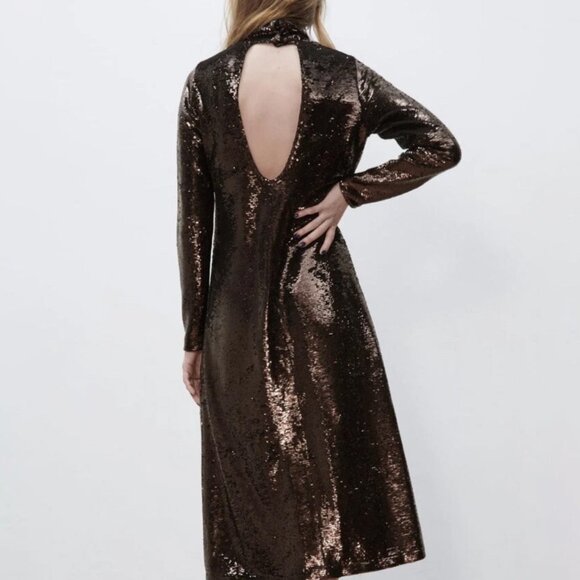 Zara $149 Heavy Sequin Knit Brown Midi Dress NEW - Picture 5 of 10
